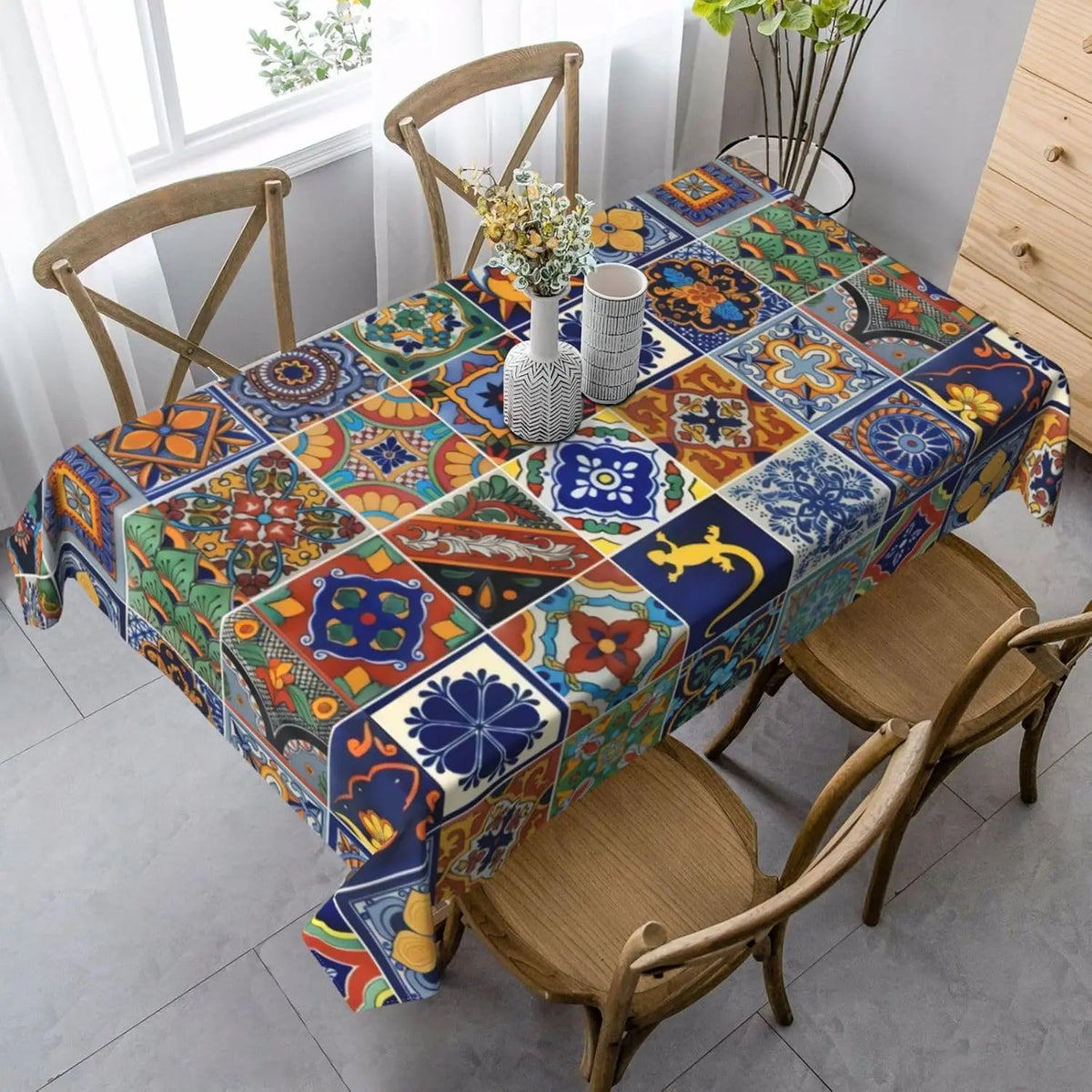 nappe table moderne patchwork géométrique floral bleu vert orange jaune noir réutilisable polyester rectangle