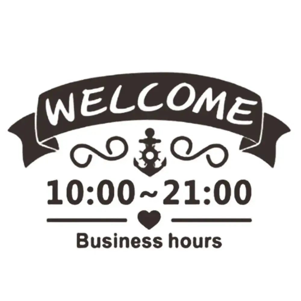 autocollant bienvenue porte fenêtre noir blanc ancre horaires moderne classique adhésif vintage decoration