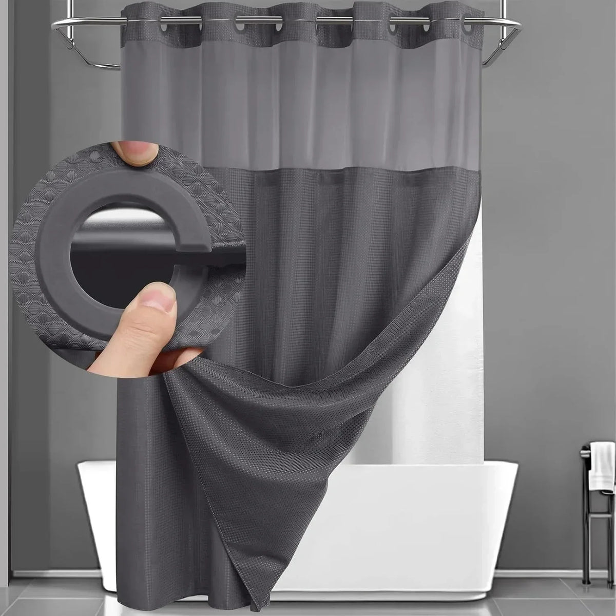 rideau douche moderne gris vert blanc tissé points transparent waterproof anneaux 72x74inch