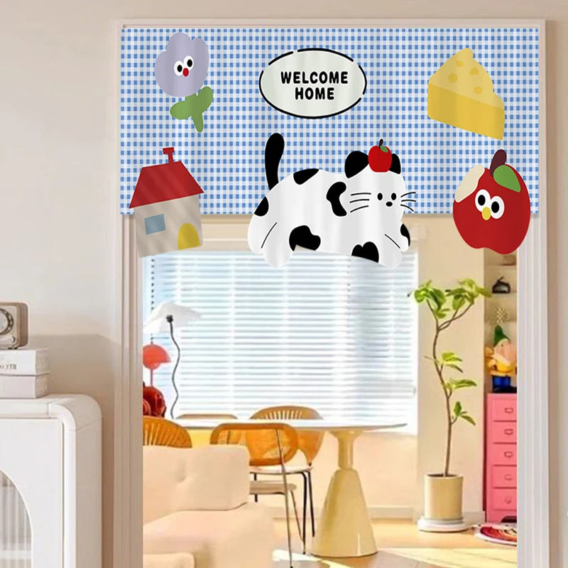 bannière décoration porte fenêtre motif carreaux fruits animaux kawaii enfant 95x45cm