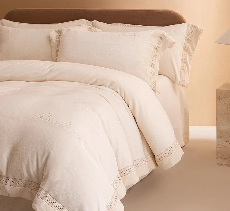 ensemble literie flanelle beige motif brodé simple housses couette taies d'oreiller drap plat classique