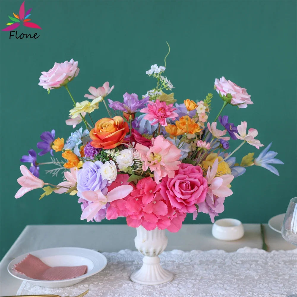 décoration intérieure bouquet artificiel rose jaune bleu violet blanc floral vase champêtre