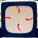 Le coussinet bleu foncé avec des flèches rouges indique que le produit est conçu pour favoriser un mouvement de rotation, suggérant qu'il s'agit probablement d'un article ergonomique visant à offrir un confort et un soutien lors de l'utilisation.