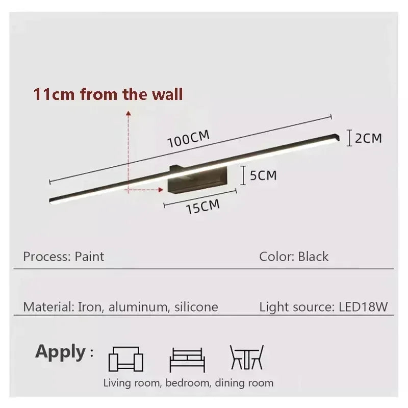 lampe murale led moderne noire fixée mur 100cm 40cm 60cm 80cm
