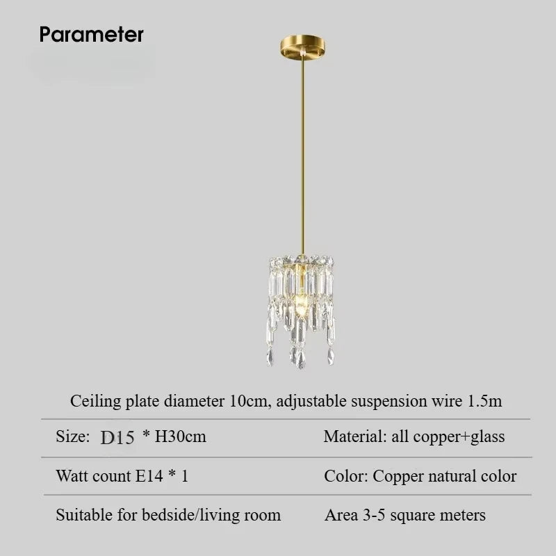 suspension lumineuse transparente cristaux dorés moderne élégante chaîne métallique brillants chambre table bar