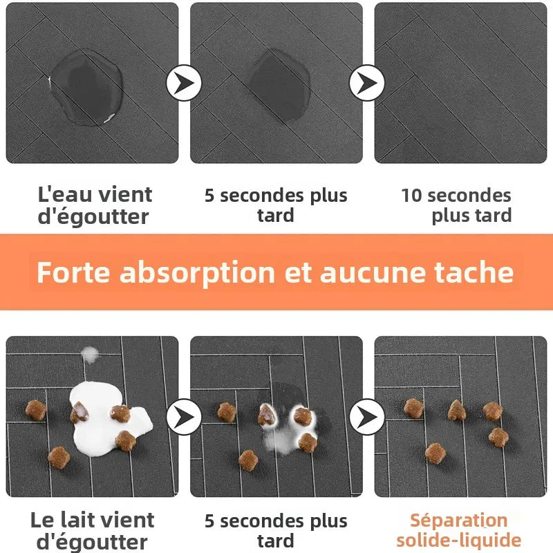tapis imperméable animaux domestiques bleu marine gris rayures diagonales deux bols moderne