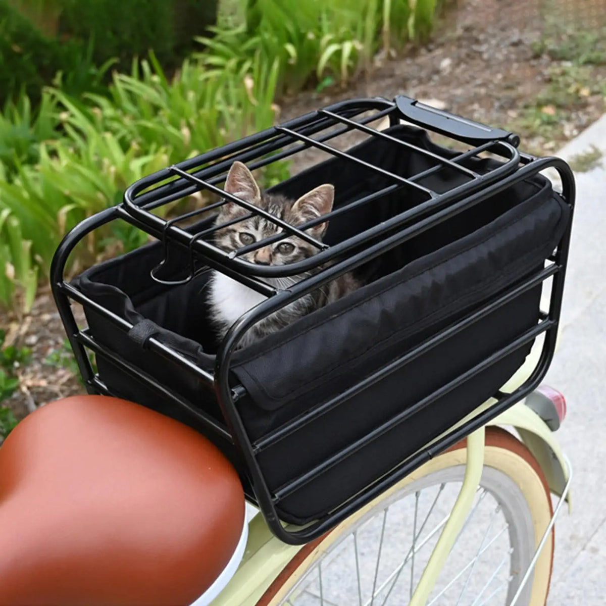 panier vélo cage sac noir métal tissu rustique utilitaire animaux transport camping coursesextérieur