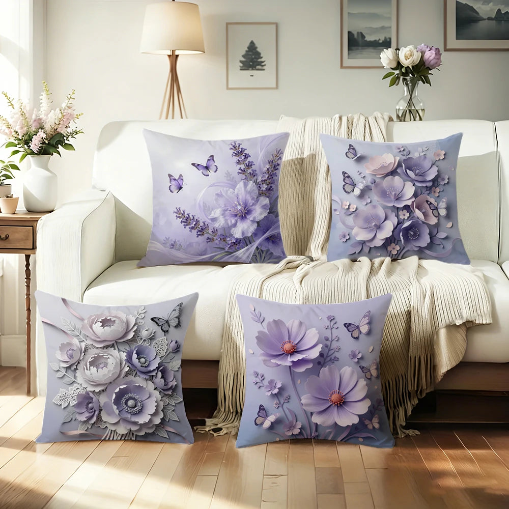 taies d'oreiller violet fleurs papillons moderne polyester 45x45cm zipper closure décoration chambre coucher maison