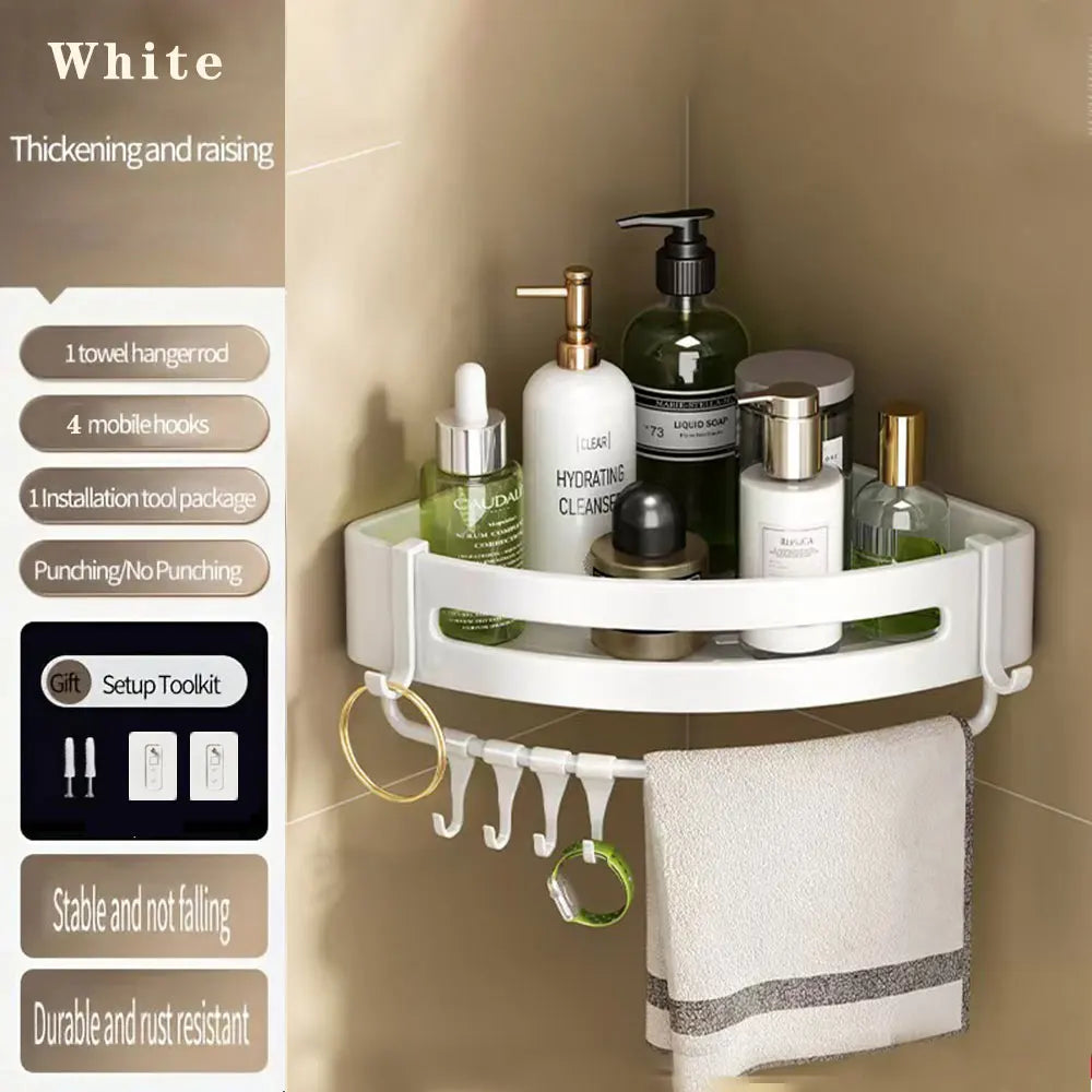 étagère murale triangulaire salle bain gris métal crochets rangement douche moderne autocollante