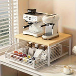 meuble rangement blanc bois paniers métalliques tiroir calculatrice stylos moderne fonctionnel