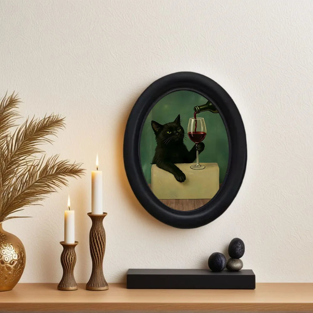 cadre photo ovale chat noir vin classique décoration murale maison cuisine erotique suspension bois