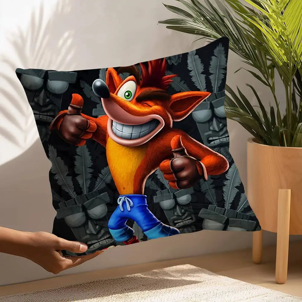coussin décoratif carré crash bandicoot microfibre peluche cartoon orange bleu chambre salon enfant