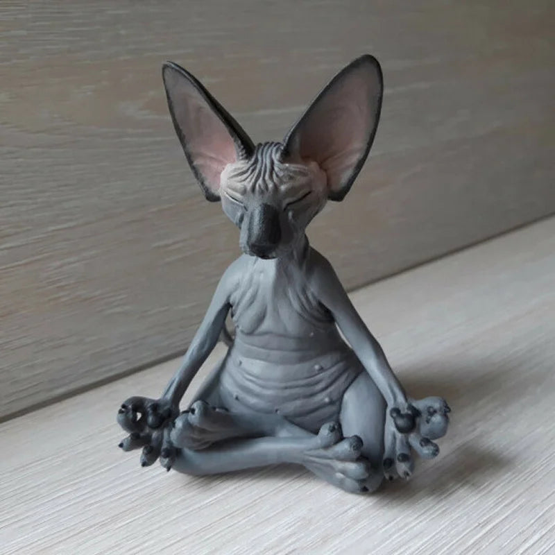 Sculpture art déco chat Bouddha kaki foncé pour méditation