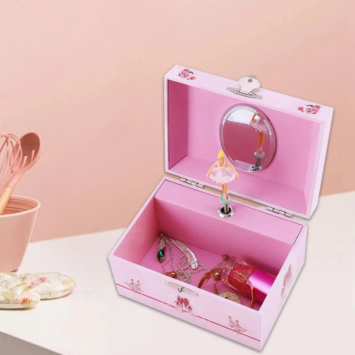 boîte bijoux rose danse fleurs imprimé miroir poupée cadenas classique.storage organizer chambre