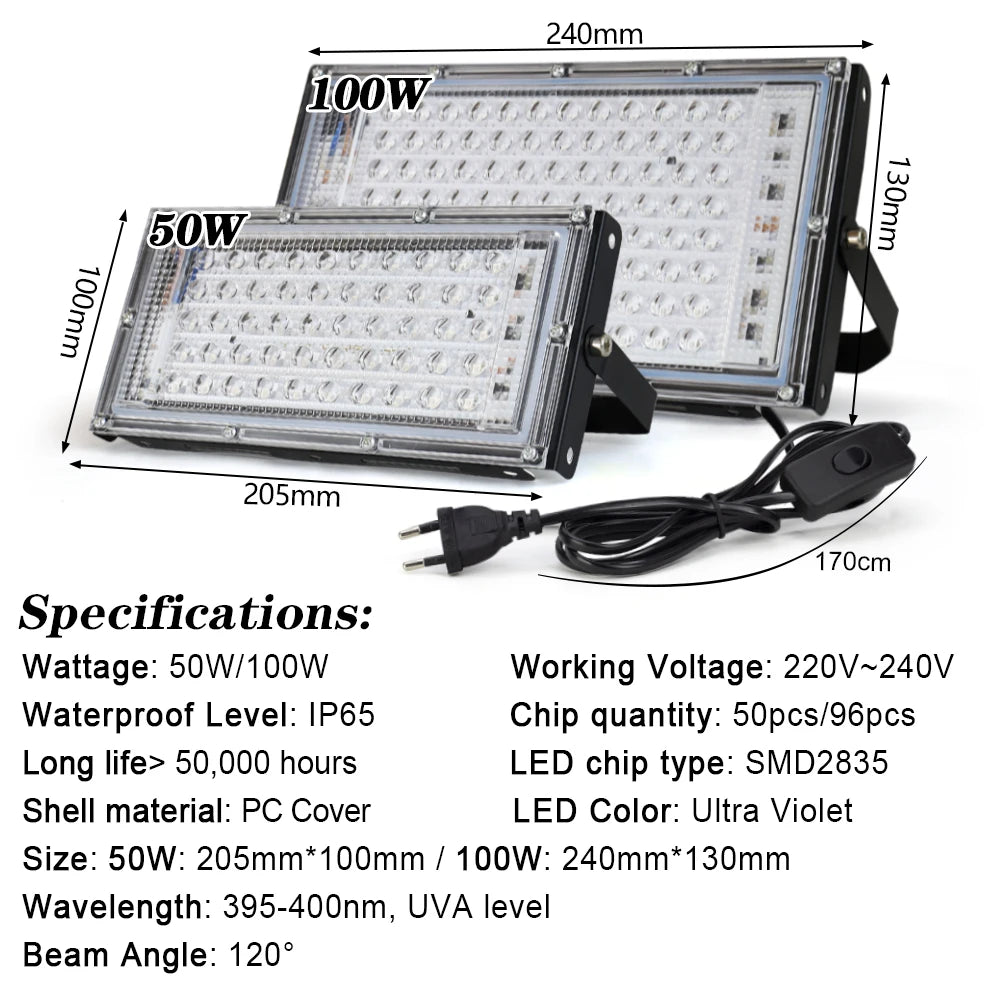 projecteur led uv 50w 100w 150w noir violet moderne clips câble alimentation interrupteur