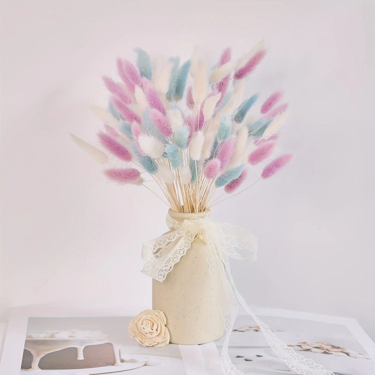 bouquet pampas séchés blanc rose bleu boho fluffly décoration maison anniversaire mariage party