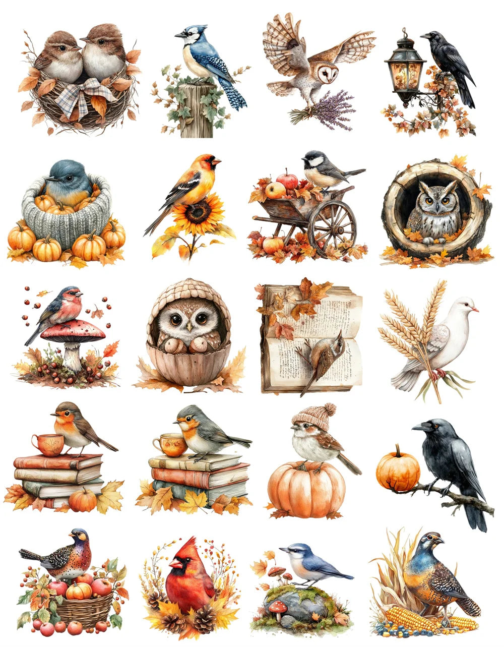 stickers automnaux multicolores oiseaux champignons illustration adhésifs DIY bagages skateboard téléphone portable