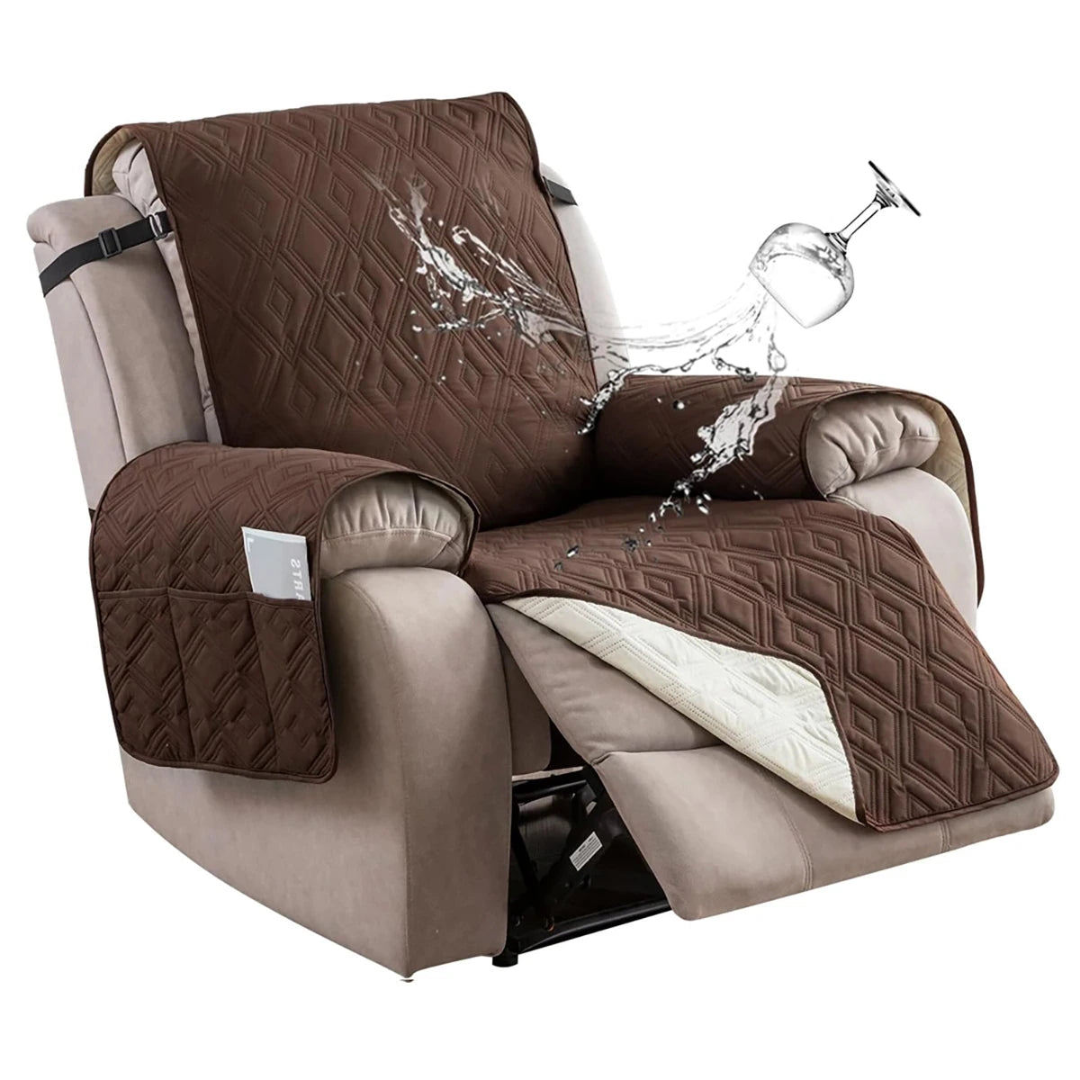 housse fauteuil inclinable motif géométrique gris beige moderne quilté poche rangement ceinture fixations