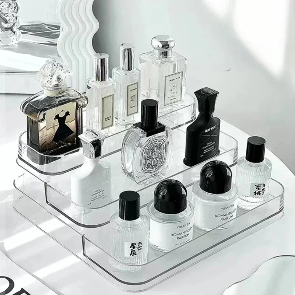 présentoir transparent minimaliste niveaux rangement parfums cosmétiques bouteilles zen étagerie