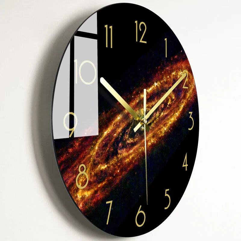 horloge murale moderne noire étoiles galaxie lumineuses salon décoration opaque aiguilles électrique