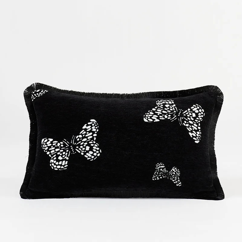 housse coussin carrée jacquard motif floral noir blanc décoration maison contemporain