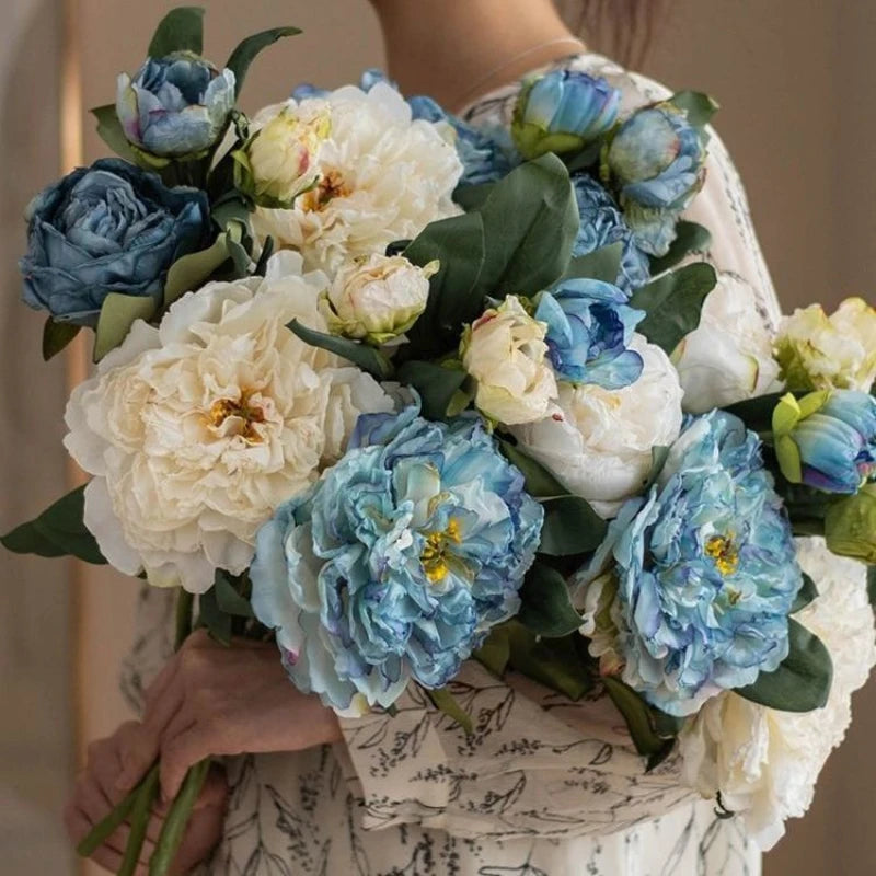 bouquet pivoine artificielle soie blanche rose bleu classique decoration intérieur 50cm haute fleur naturelle