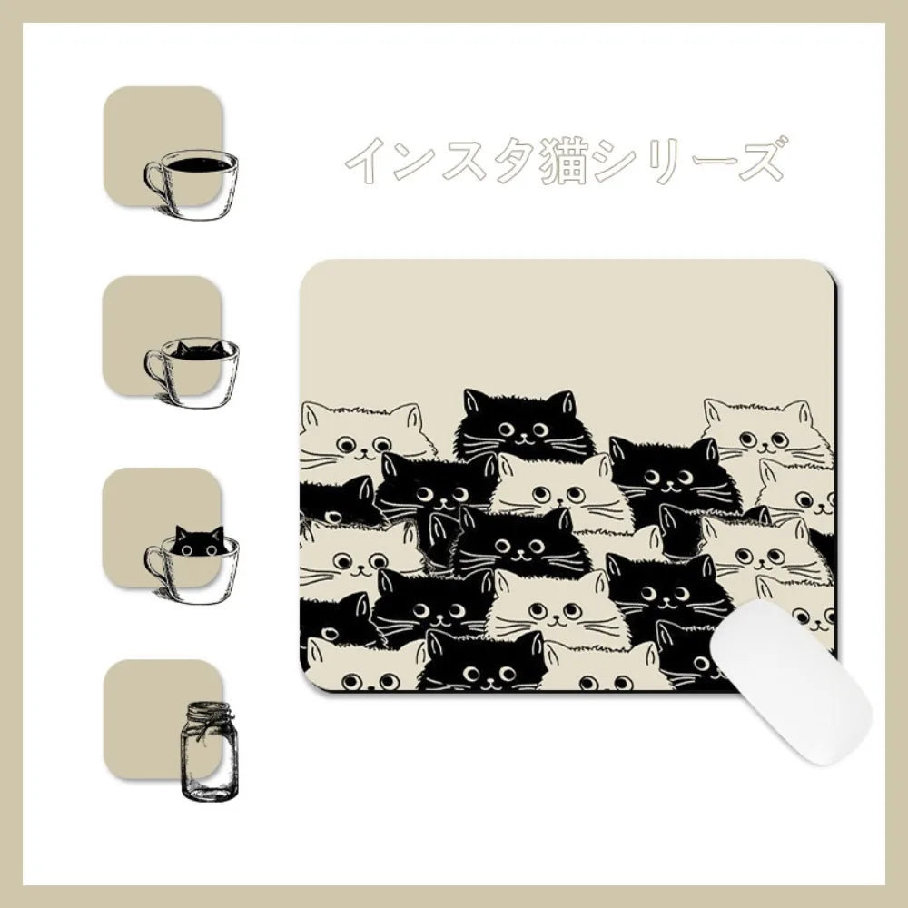 tapis souris chatons noirs dessin animé fond beige antidérapant caoutchouc imperméable