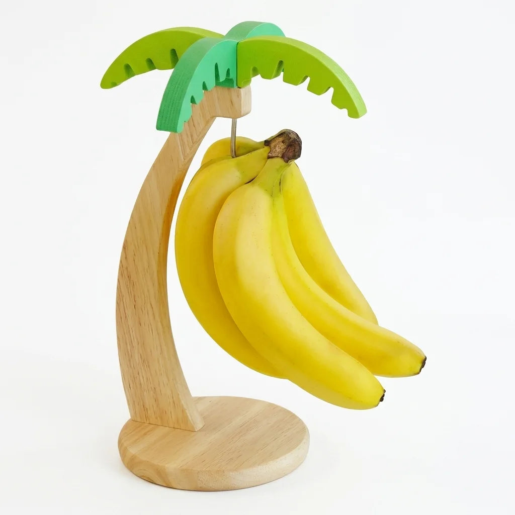 support fruits bois clair feuilles vert bananes citrons raisins pommes oranges tasse vertical comptoir