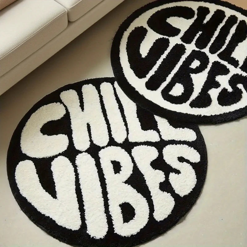 tapis rond polyester chill vibes antidérapant moderne salon chambre noire blanche