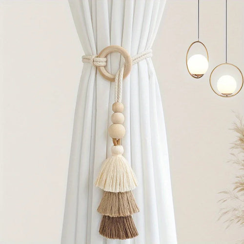 rubans rideau moderne anneaux bois coton beige pompons uni opaques echangement facile qualitative