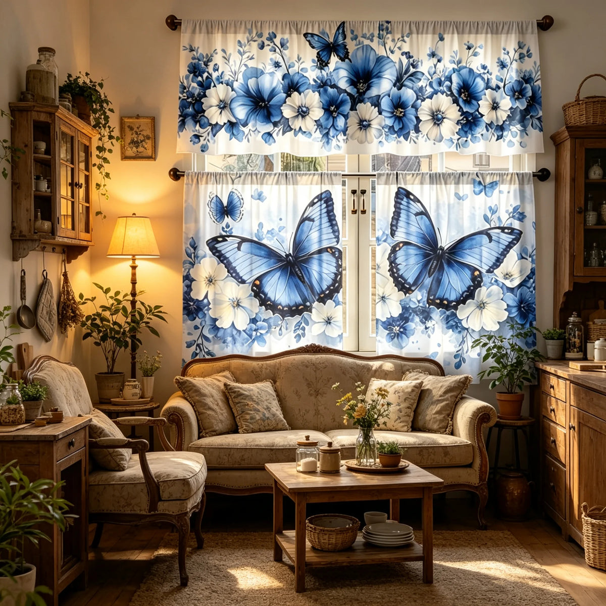 rideau moderne floral bleu papillons salon printemps haute qualité polyester