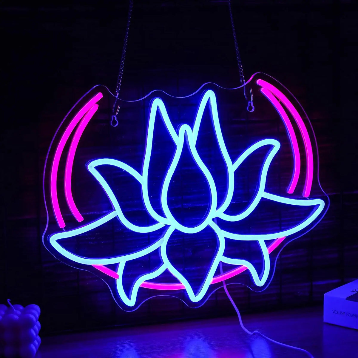 décoration murale néon fleur lotus bleu rose moderne transparent câble usb variable chambre salon