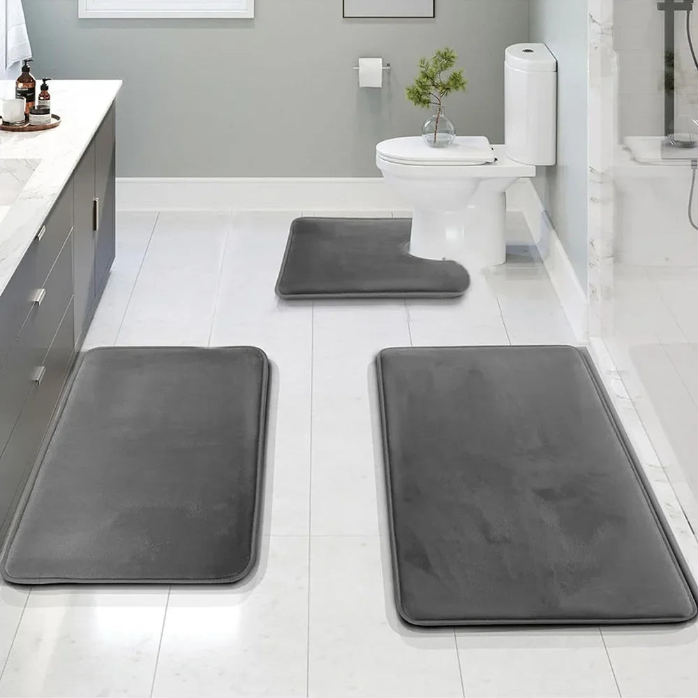 tapis bain gris uni doux moderne adhésif ensemble trois pièces chambre salle bain