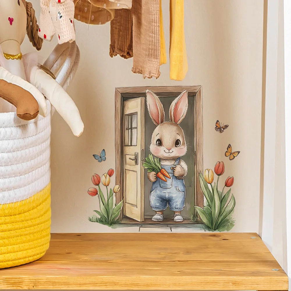 autocollant mural lapin carottes tulipes papillons décoration enfant chambre maison cartoon autoadhésif PVC opaque