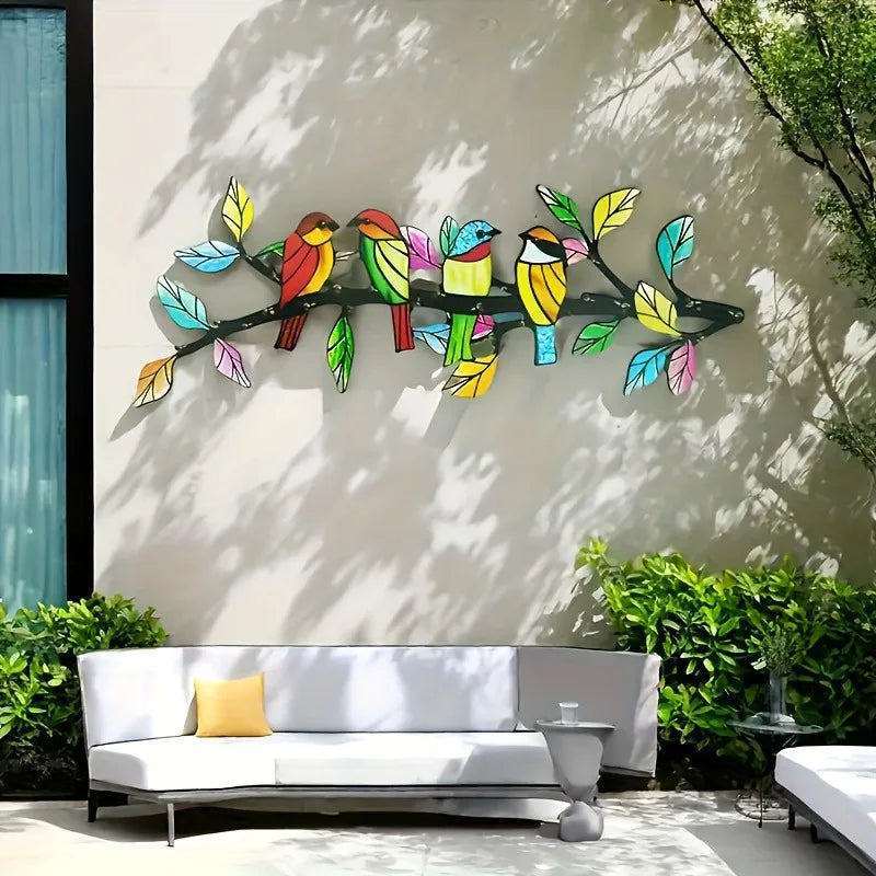 sculpture murale oiseaux stylisés branche feuilles colorées contemporain multicolore decoration