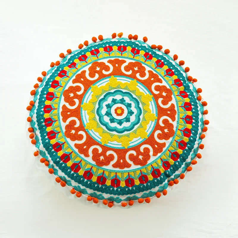 taies d'oreiller rondes géométriques coton polyester pompons blancs ethnique bohocoration intérieure hôtelière hôpitalisée