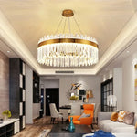 suspension lumineuse moderne dorée cristal chrome poli led télécommande transparente chambre salon