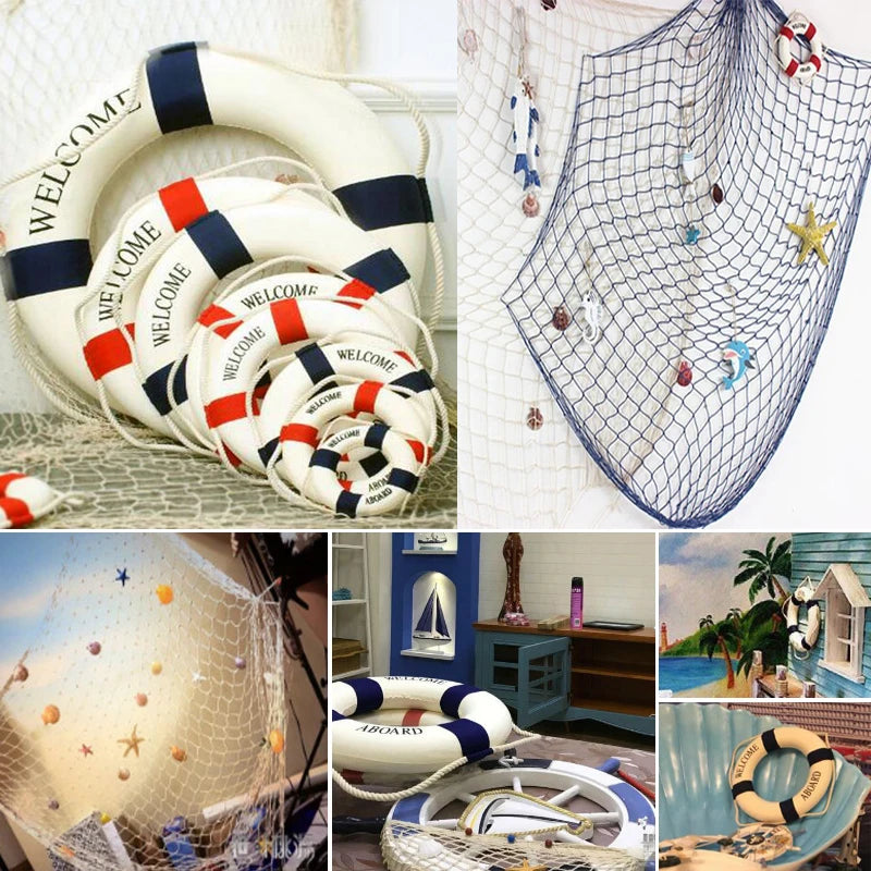 filet pêche decoratif bleu blanc decoration murale nautique maison thuyền cứu hộ trang trí