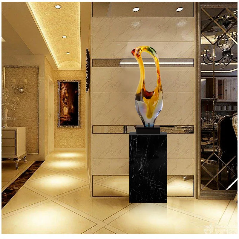 sculpture abstraite moderne résine couleur jaune orange marron blanc verte translucide base marbre noir