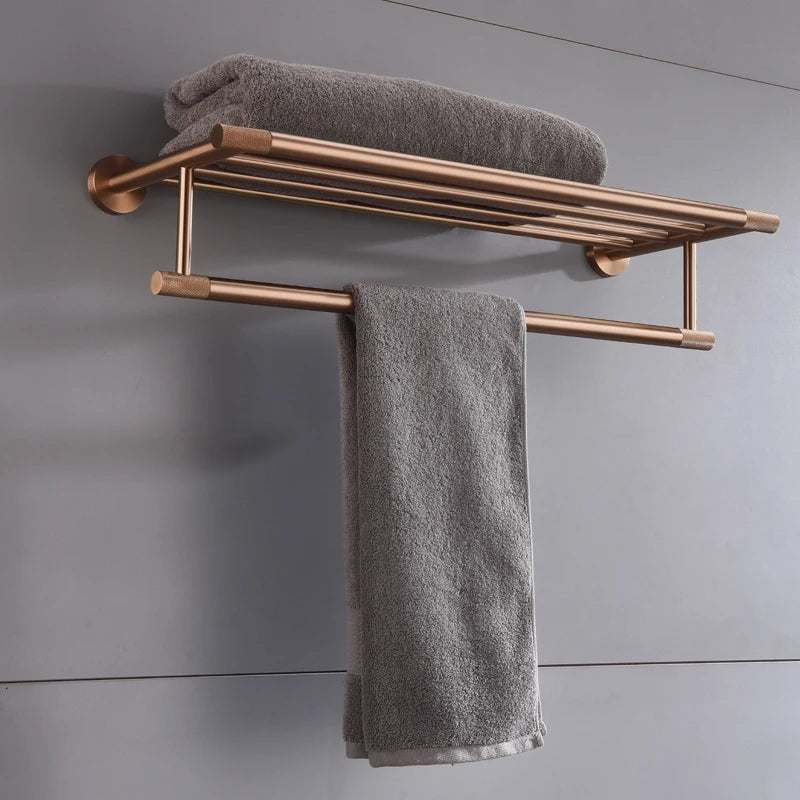 ensemble accessoires salle bain moderne métal or rose porte serviettes barre crochet mural