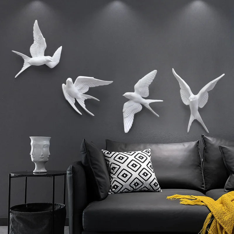 autocollant mural 3d oiseaux vol blanc doré réaliste moderne minimaliste décoration intérieure salon