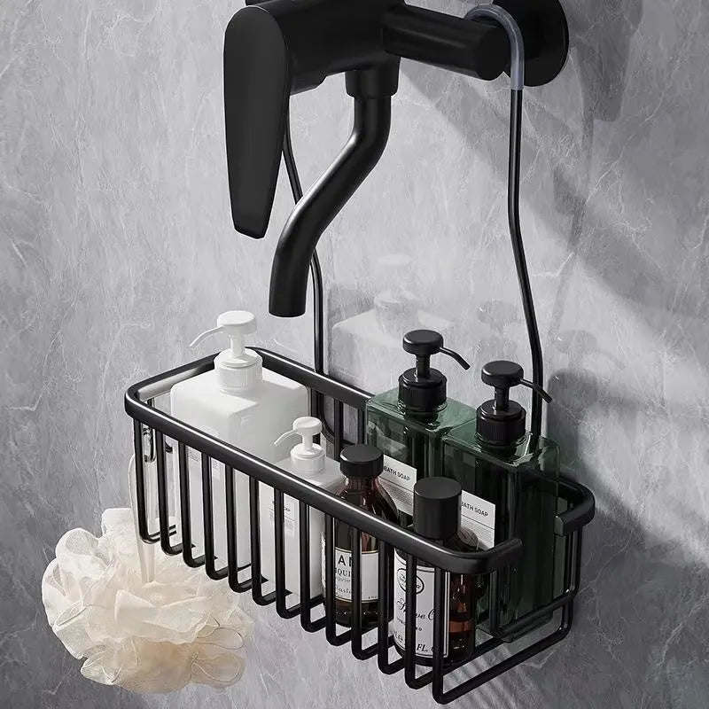organisateur salle bain suspendu panier métallique noir argenté moderne minimaliste douche rangement echangereusable