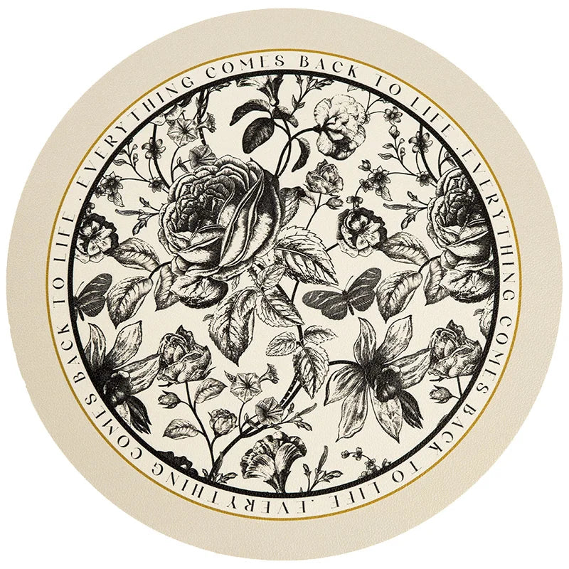 tapis table rond polyestère résistant chaleur décoration intérieure extérieure blanc vert fleurs feuilles papillons