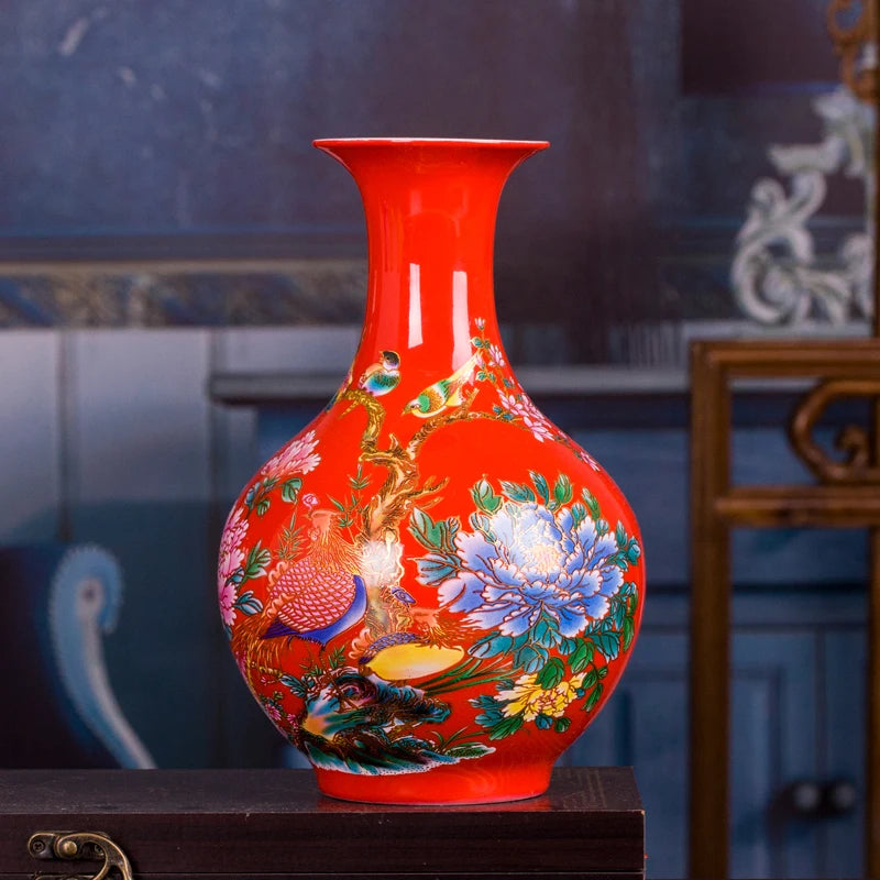 vase porcelaine traditionnel fleurs oiseaux jaune rouge bleu maison