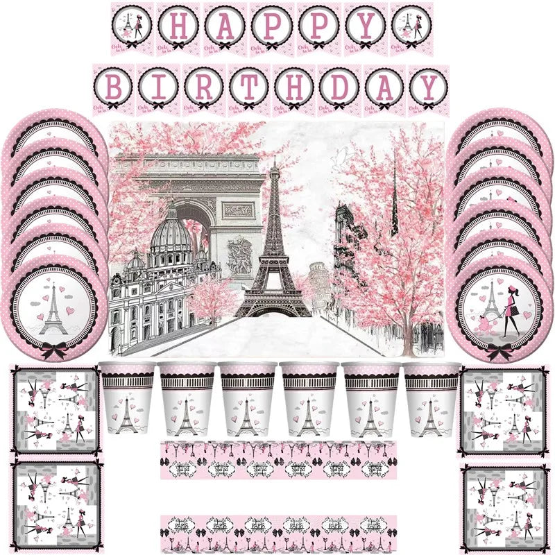 décoration fête tour eiffel assiettes gobelets serviette nappe happy birthday blanc rose coeurs parisienne