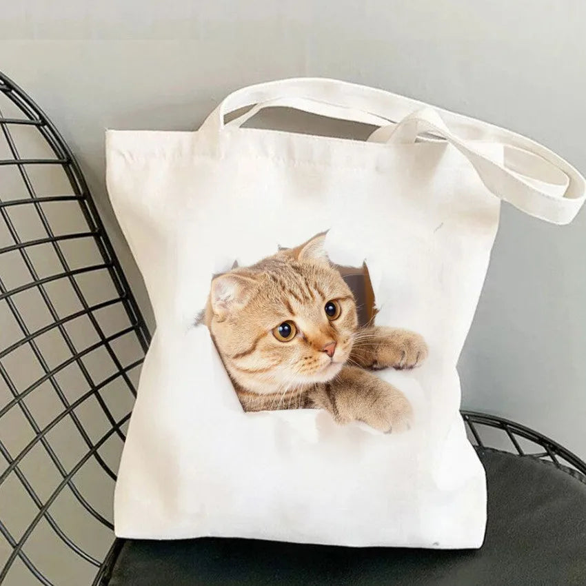 sac bandoulière toile imprimé chats blancs moderne décontracté sans fermeture éclair deux poignées détachables
