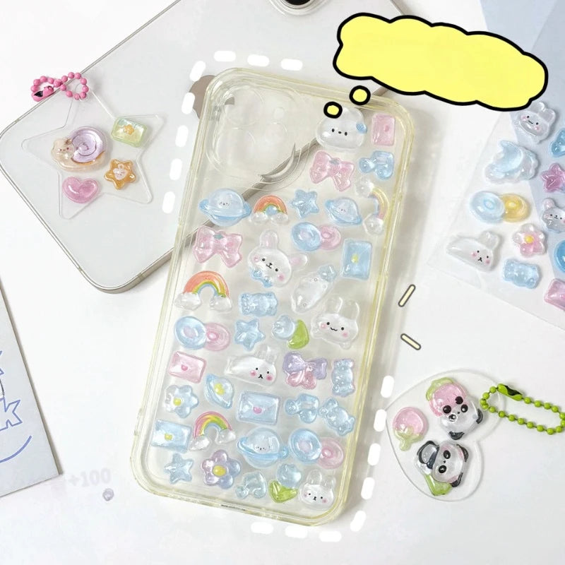 stickers kawaii animaux mignons coeurs étoiles arc ciel nuages rose vert bleu blanc