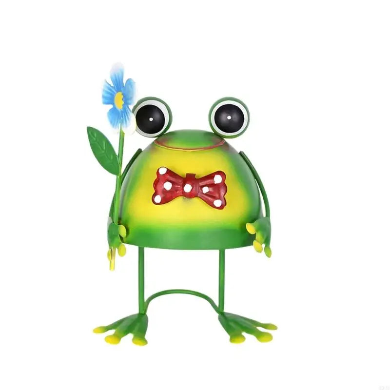 statuette grenouille verte mignonne cartoon collier pois parapluie noir fleur bleue jardin extérieur ornement