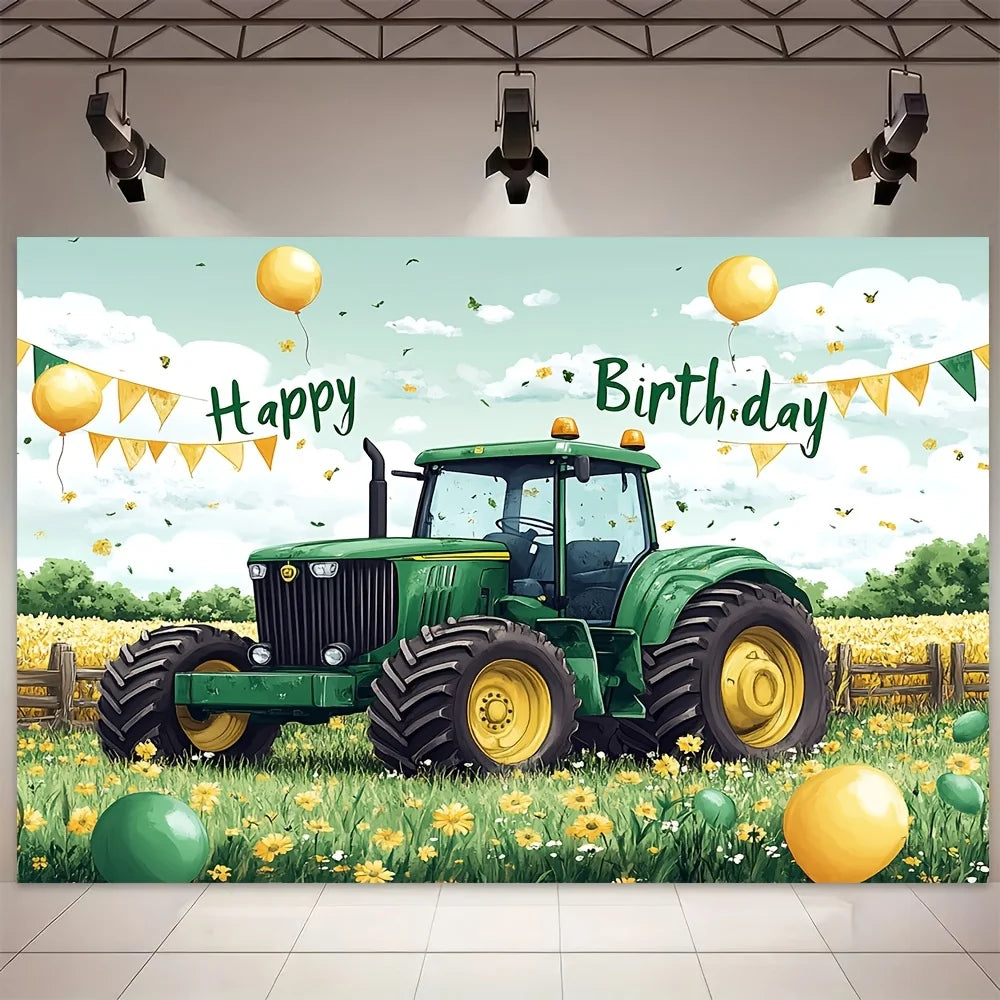 fond scène illustration tracteur vert balles baudruche anniversaire décoration événement festive halloween