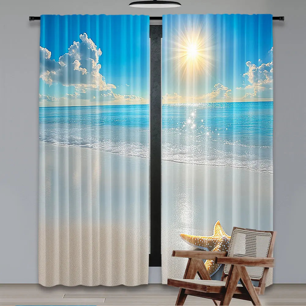 rideau moderne deux panneaux polyester paysage marin soleil nuages plage étoile mer translucide bleu